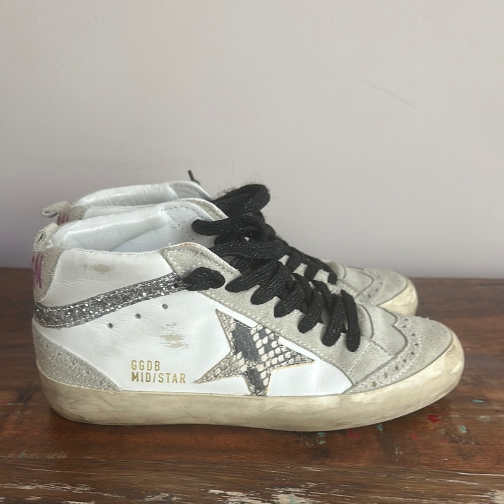 Golden Goose White and Black Sneakers Distressed High-Top
